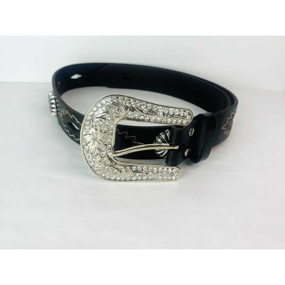 Nocona Women’s Medium Western Leather Boho Silvertone Buckle Rhinestone Belt